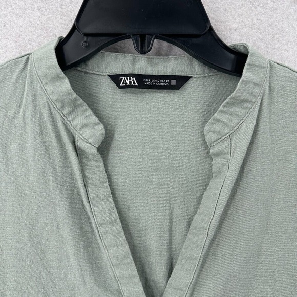 Zara Top Womens LG Linen Viscose Slouchy Sage Green Button Down Crop Blouse - Picture 5 of 15